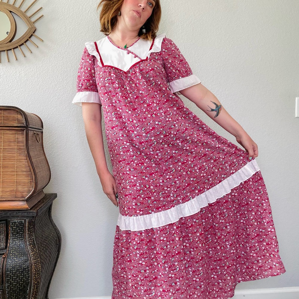 Vintage 70s 80s Malumi Hawaii prairie ditsy floral puff sleeve maxi dress Sz M-L
